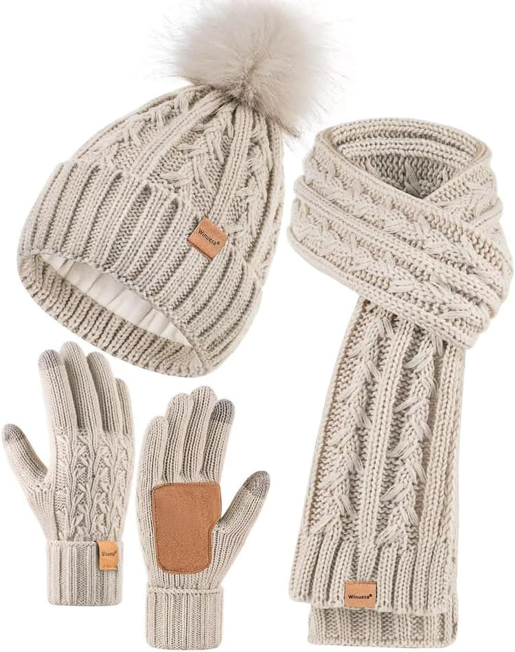 Winuesa Ensemble bonnet, écharpe et gants pour femme, bonnet d'hiver pour femme avec pompon doublé en polaire chaud, bonnet à pompons, gants pour écran tactile, écharpe, cache-cou, ensemble 3 en 1