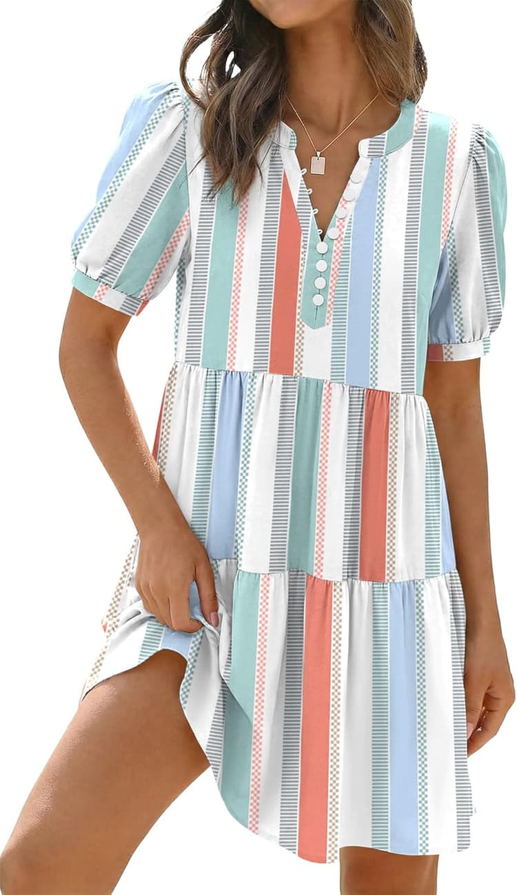 ETCYY Sundresses for Women 2026 Vacation Swimwear Coverups Boho Floral Beach Dress Striped Short Sleeve Tshirt Summer Dresses