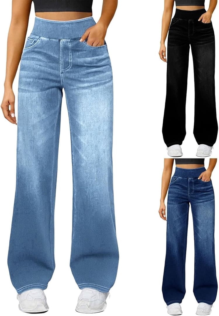 Jean large pour femme taille haute à enfiler - Pantalon Palazzo extensible et confortable - Style baggy tendance - Contrôle du ventre - Jambe droite - Pantalon décontracté en jean avec poches pour un