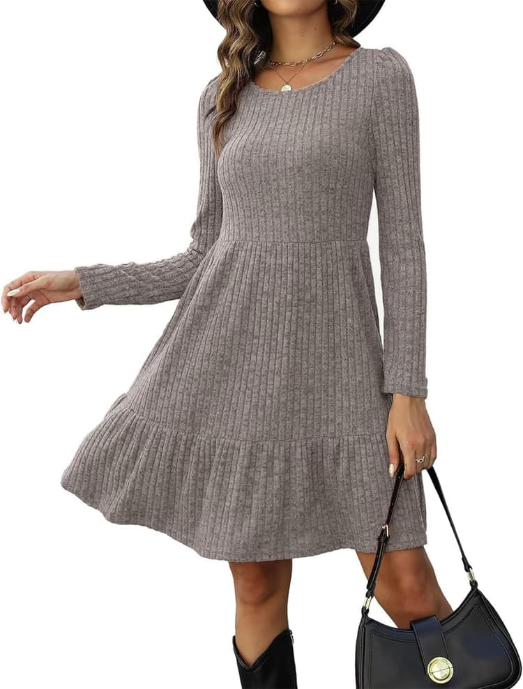 Robe Pull Femme Manches Longues Robe Pull Tricot A-Line à Col Rond Pullover Chaud Casual Robe Automne Hiver pour Fête Bureau Décontracté
