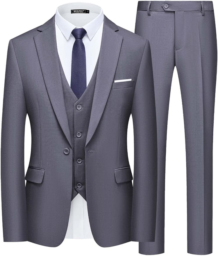 WULFUL Men’s Slim Fit Suit One Button 3-Piece Blazer Dress Business Wedding Party Jacket Vest & Pant