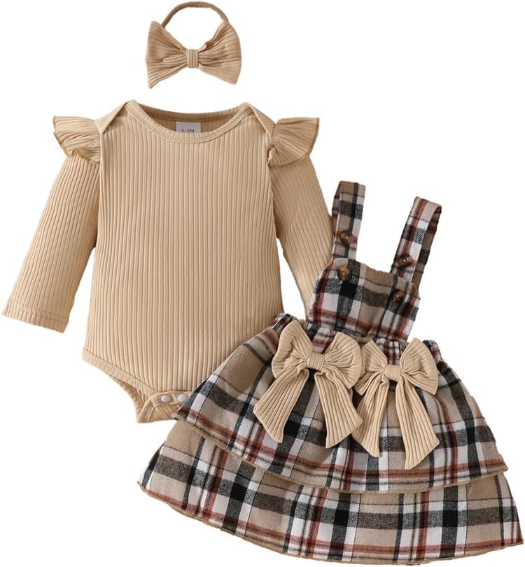 Ensemble Jupes Nouveau-né Fille Manche Longue/Courte à Volants Haut + Salopette à Carreaux/Nœud Papillon Robe à Bretelles Automne Hiver Vêtements