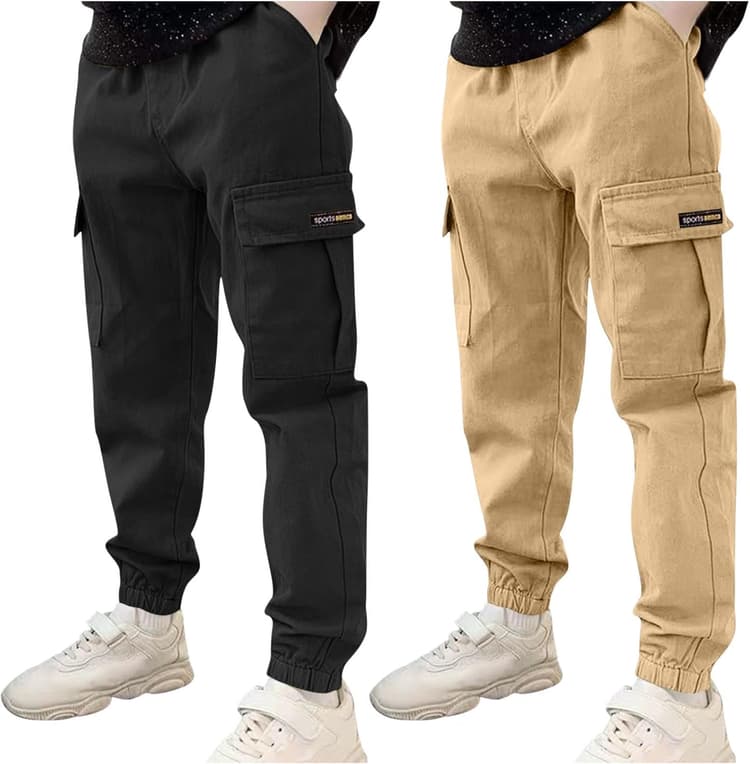 Lot de 2 pantalons cargo pour garçons avec plusieurs poches à taille élastique - Pantalon de sport durable et décontracté en coton - Couleur unie - Style streetwear classique - Jambe fuselée