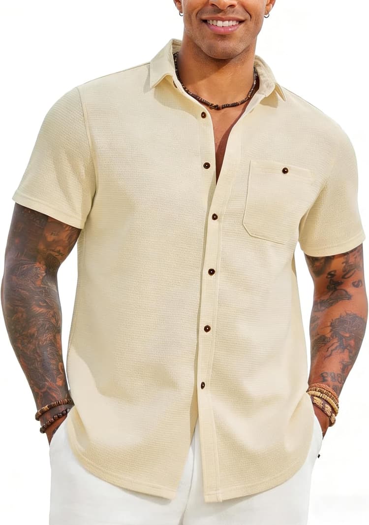 Yousify Mens Button Down Shirts Short Sleeve Waffle Knit Summer Casual Shirt Lightweight Beach Tops with Pocket