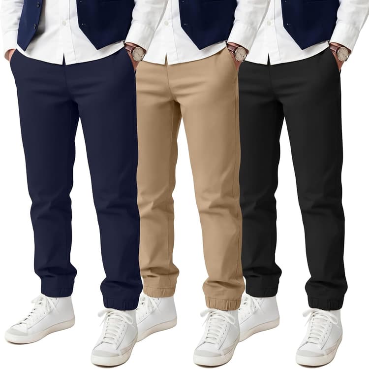3 Pack Boys Uniform Jogger Pants School Wear Elastic Waist Pull-on Stretchy Pants with Pockets for Kids 6-14 Years