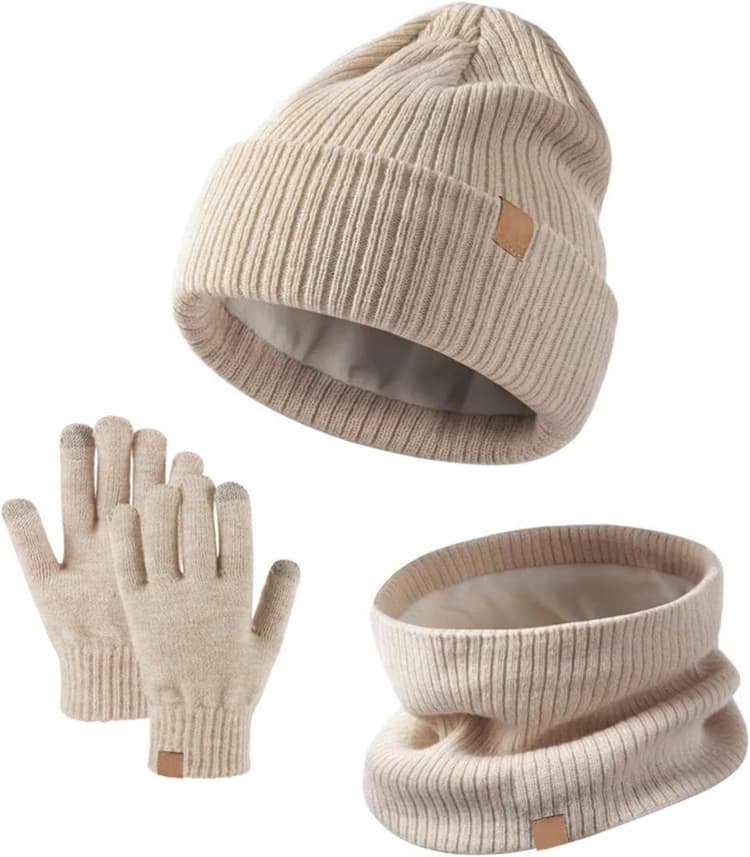 Lot de 3 bonnets, écharpes, gants d'hiver chauds et thermiques en tricot pour enfants de 5 à 12 ans - Moufles tactiles - Doublure en polaire douce - Élastique - Pour sports de plein air