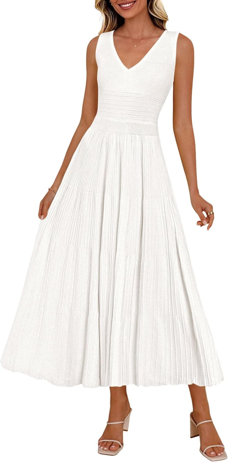 PRETTYGARDEN Summer Dresses for Women 2026 Spring Casual Sleeveless V Neck Pleated Midi Work Cocktail Wedding Guest Dress