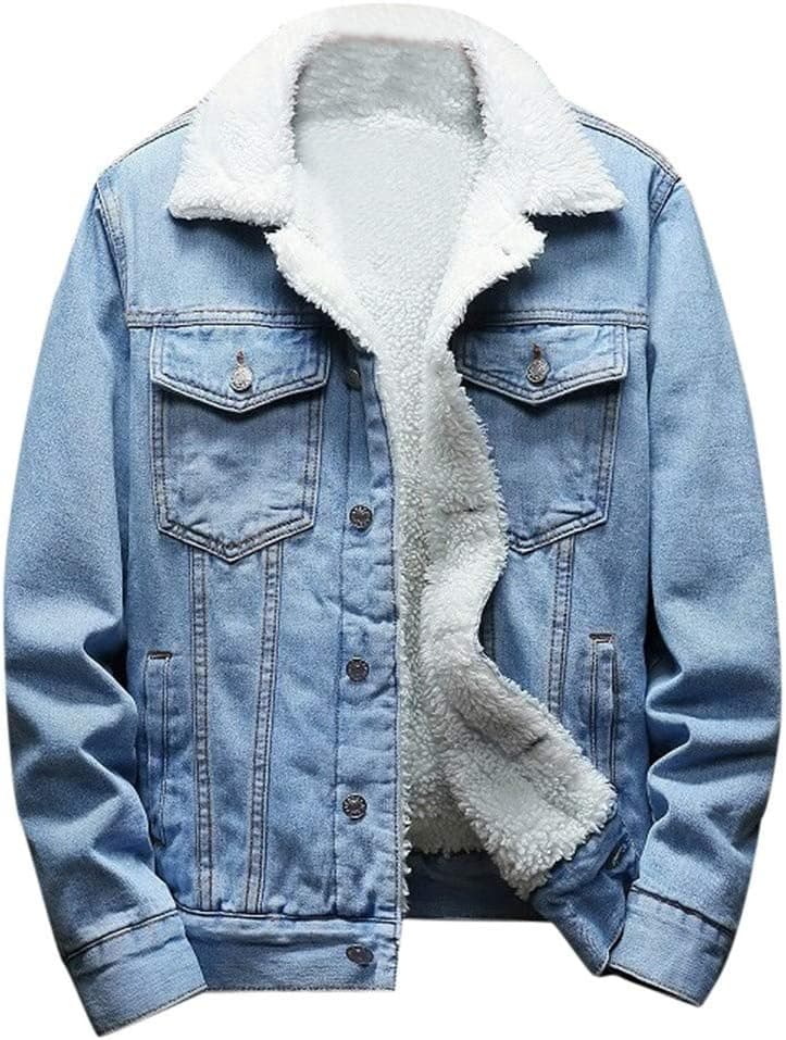 Veste en Jean avec Fourrure Homme Plus Velours Blouson Léger Cowboy Denim Slim Rider Chaud Manteau Hiver Manches Longues Trucker Jacket Outwear Oversize