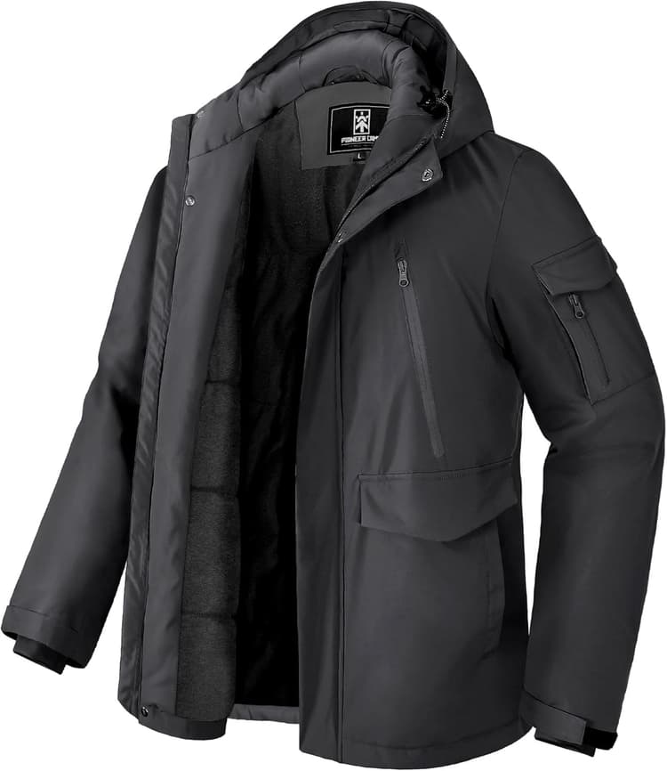 Pioneer Camp Manteau Homme Hiver Imperméable Doublé Polaire Chaud Veste avec 9 Poches Capuche Coupe-vent Isolée Homme Jacket Parka (S-XXL)