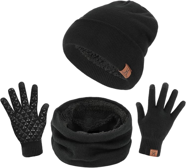 TAGVO Tricotés Ensemble d'hiver Bonnet écharpe Gants d'écran Tactile 3 en 1, Doublure Molleton Doux Bonnet tricoté Chaud Cache-Cou Extensible Gants tactiles à 3 Doigts pour Homme Femme