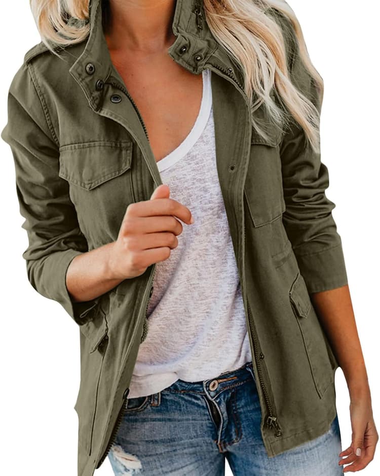 Veste Militaire Femme Blouson Mi Saison Grande Taille Manteau Court Parka En Coton pour Printemps Décontracté Kaki Jacket Veste En Jean Saharienne Femme Legere Sports avec Poches Ziper 2024