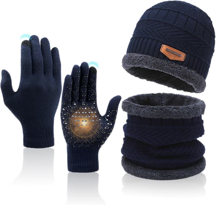 Bonnet Écharpe et Gants à Écran Tactile Hommes, Ensemble Chauds d'hiver 3 en 1 Hiver Tricotés Bonnet Gants d'écran Tactile Écharpe avec Doublure Polaire