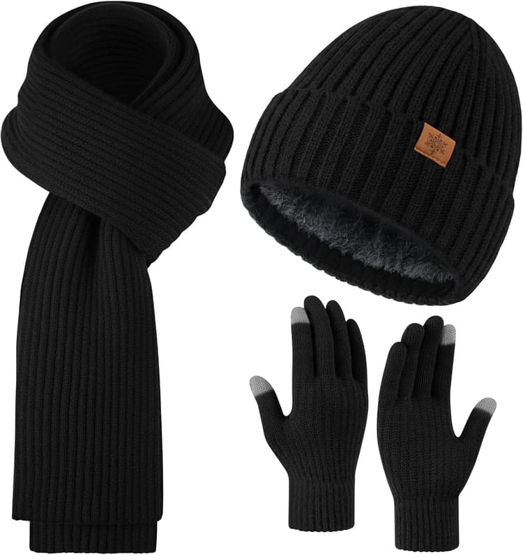 Premillow Winter Beanie Hat Scarf Gloves Set for Women, Slouchy Womens Winter Hats Long Scarf Touchscreen Gloves 3 in 1 Set