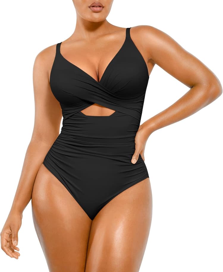 SHAPELLX Tummy Control Swimsuits Women V Neck One Piece Bathing Suit Ruched Push Up Slimming Swimwear Built-in Bra