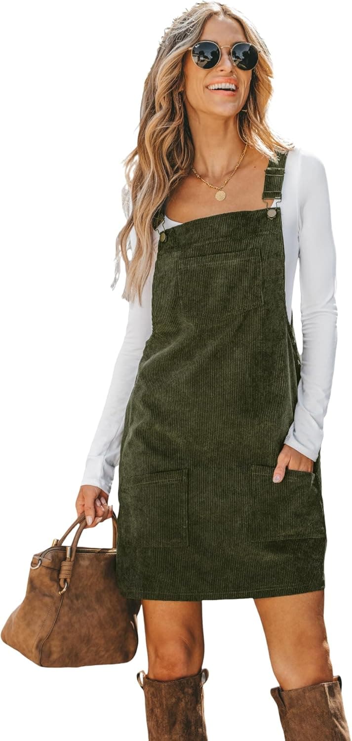 CUPSHE Robe d'automne mini pour femme en velours côtelé avec poche avant et col carré, bretelles larges, style décontracté