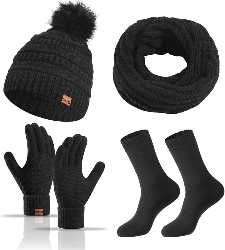 4 Pièces Ensemble Bonnet Écharpe Gants et Chaussettes pour Femme Set Hiver Très Chaud pour Elle