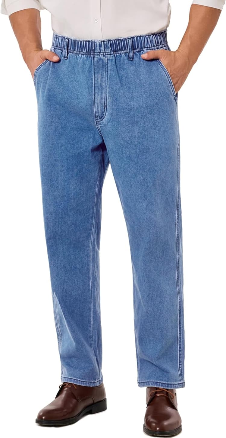 voeeron Pull On Elastic Waist Jeans for Men Full Elastic Waistband Loose Fit Denim Pants Easy Wear for Seniors