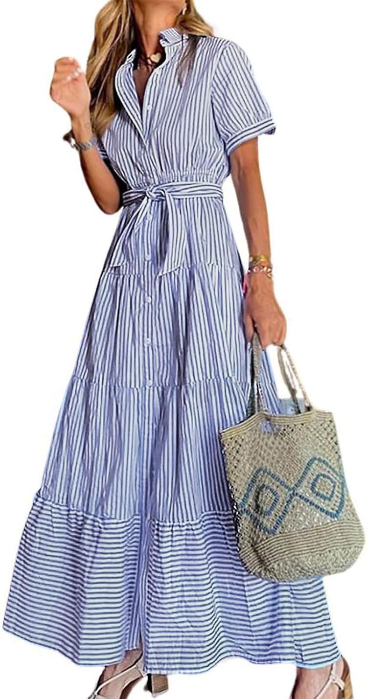 utcoco Womens Casual Short Sleeve Button Down Tie Waist Ruffled Striped Maxi Shirt Dress