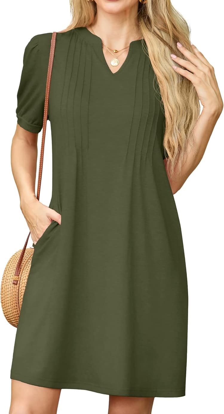 GRECERELLE Womens Dresses Summer Casual Short Sleeve V Neck Shift Dress for Women Ladies T Shirt Dress with Pockets