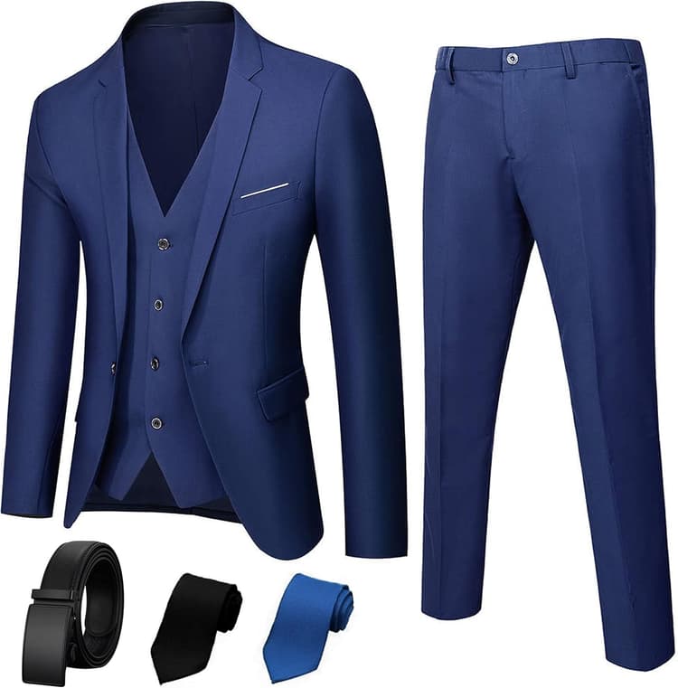 3 Piece Men’s Suit, Slim Fit Stylish Jacket, Pants, Vest, 2 Ties, and Belt, Perfect for Weddings, Business and More