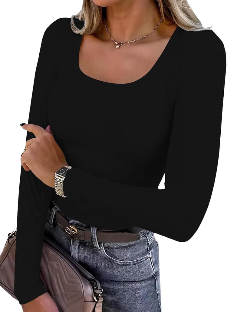 Tee Shirt Manche Longue Femme Elegant Basiques Col en U Haut Femme Slim Fit Decontracte Cotele T Shirt