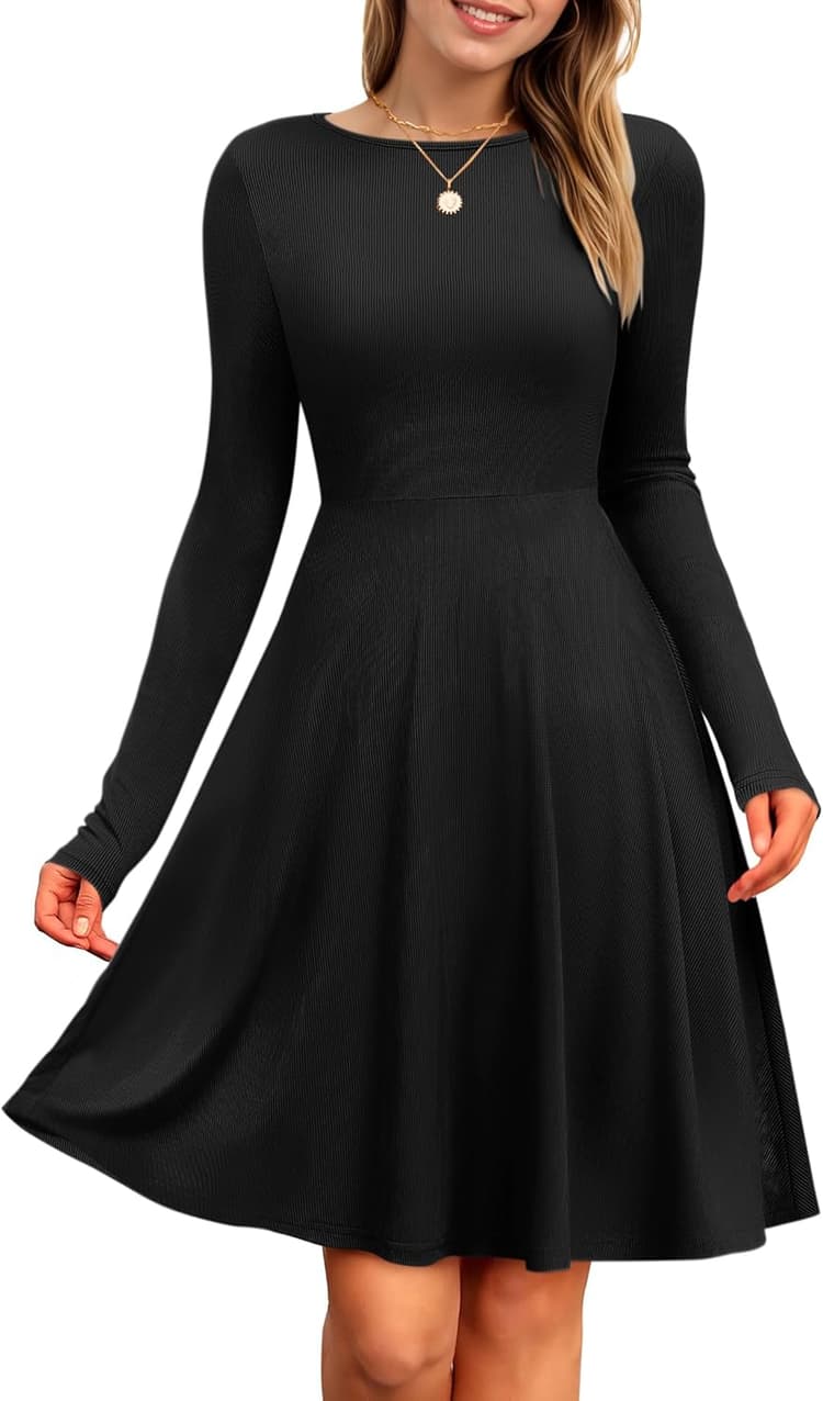 PLOKNRD Robe à Manches Longues pour Femme Col Rond Taille élastiquée Robe aux Genoux Chic et Elegant Décontractée Style