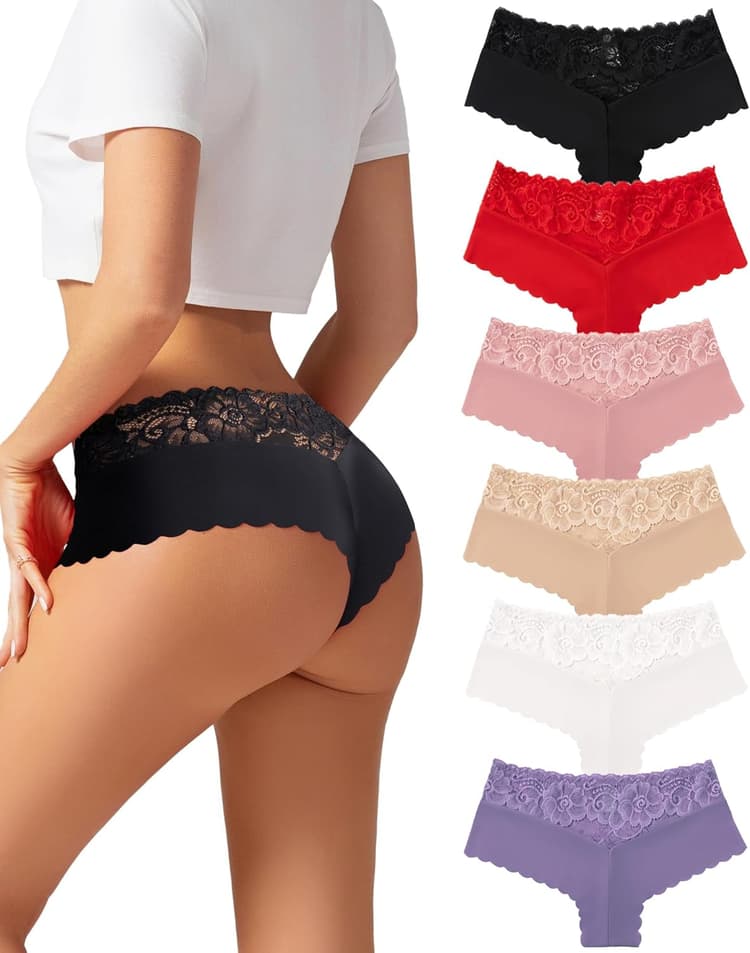 Sexy Underwear for Women Lace Cheeky Panties Breathable Bikini for Ladies 6 Pack