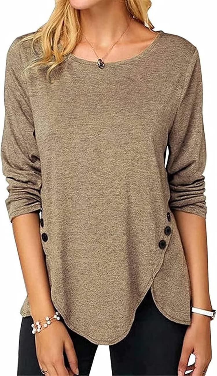 ASKSA Femme T-Shirt à Manches Longues Chemise à Col Rond Tops Lâche Long Tshirts Blouse Tunique avec Boutons