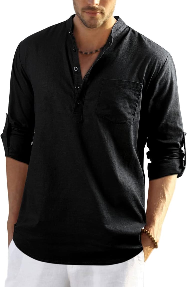Enlision Hommes Chemises en Lin Solid Henley Shirts Casual Manches Longues été Mao Chemise de Plage Classique