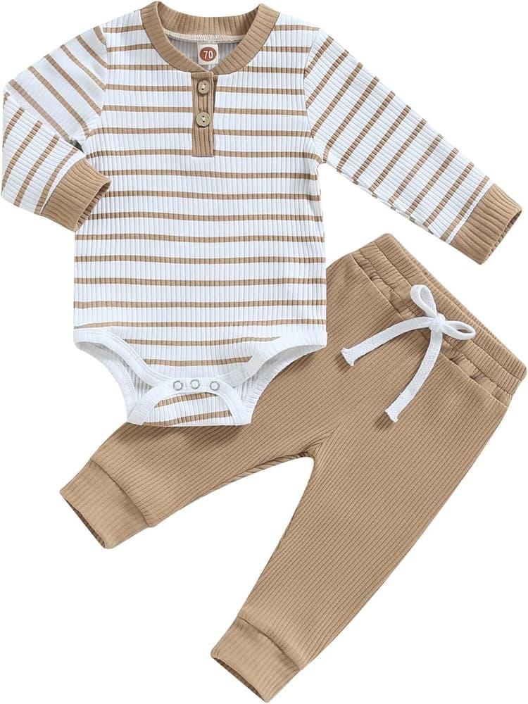 Carolilly Ensemble Nouveau-Né Bébé Garçon de 2 Pièces, Body à Manches Longues Imprimé des Rayures + Pantalon Taille Elastique (0-24 mois)