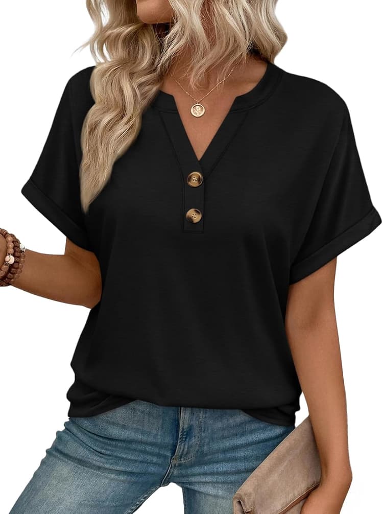 AUTOMET Womens Spring Tops 2026 Short Sleeve Shirts Henley Dressy Casual Blouses V Neck Fashion Tunics Trendy Flowy Clothing