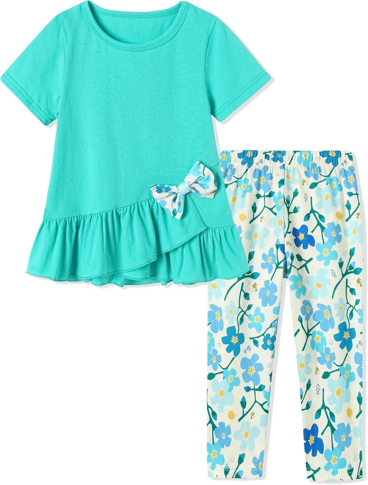 Toddler Girl Clothes 2-8Years Girls Outfit, Short Sleeve Ruffle Bowknot Top+Floral Capri Pants 2Pcs Spring Summer Set