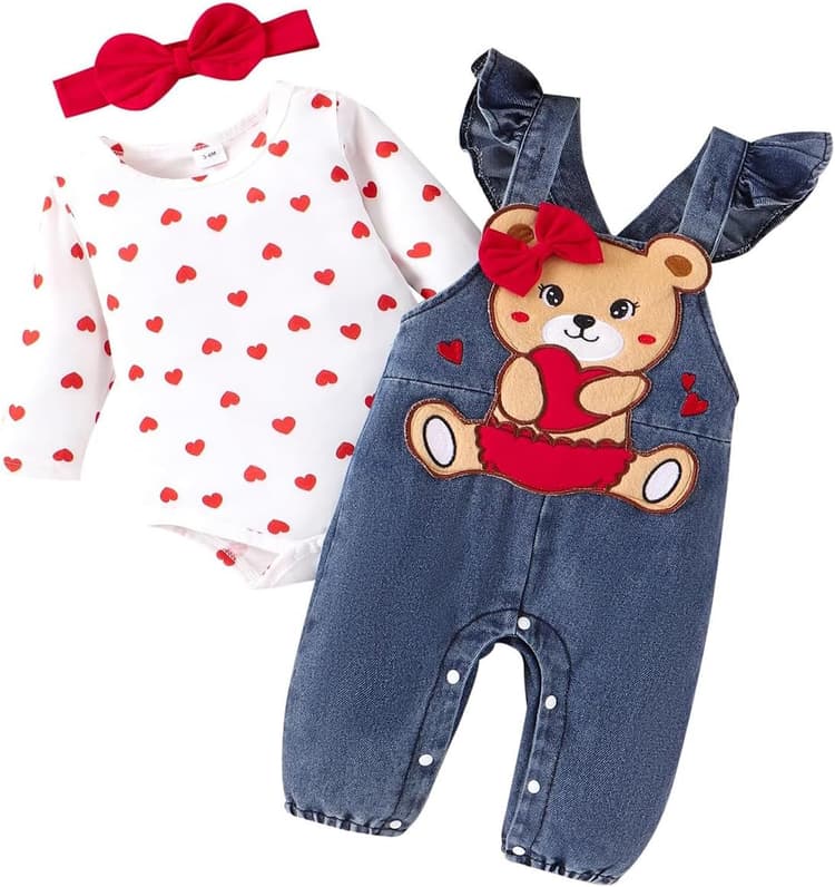 Ensemble Vêtements Bébé Fille Automne Mignon Imprimé Amour Barboteuse Top +Ours de Dessin Animé Salopette Pantalon+ Bandeau 3Pcs Set 0-18 Mois