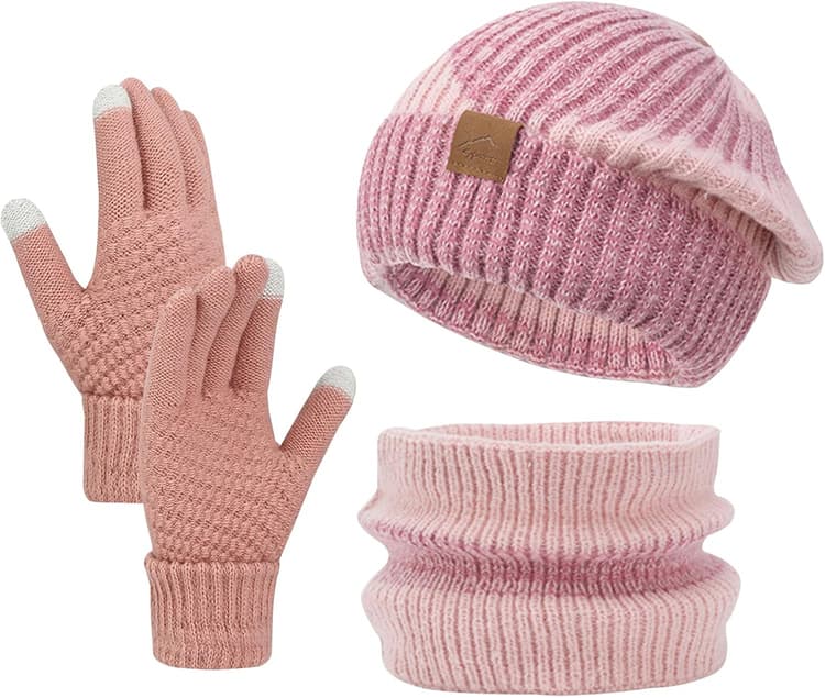 Épaissi Ensemble Bonnet Echarpe Gant Homme Femme, Rose Classique Ensemble Echarpe Bonnet, Doublé de Polaire Chaud Ensemble Bonnet + Gants Tactiles pour Ski, Randonnée, Voyage, Vélo