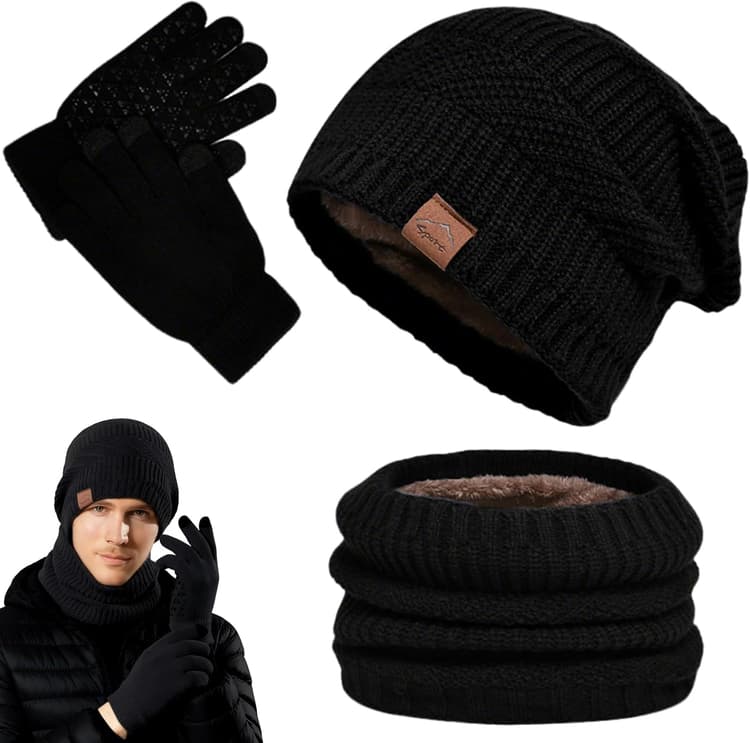 Bonnet Écharpe et Gants à Écran Tactile,Tricotés Ensemble d'hiver Bonnet Écharpe Gants d'écran Tactile,Ensemble Chauds d'hiver 3en1 avec Double Polaire Chaud Chapeau pour Homme Femme