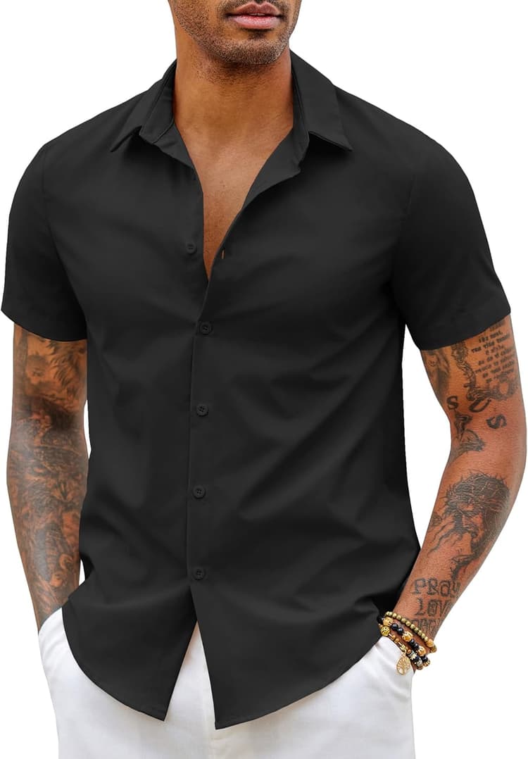 COOFANDY Chemise à Manches Courtes pour Homme, Coupe ajustée, Style habillé/décontracté, sans Repassage, pour l’été