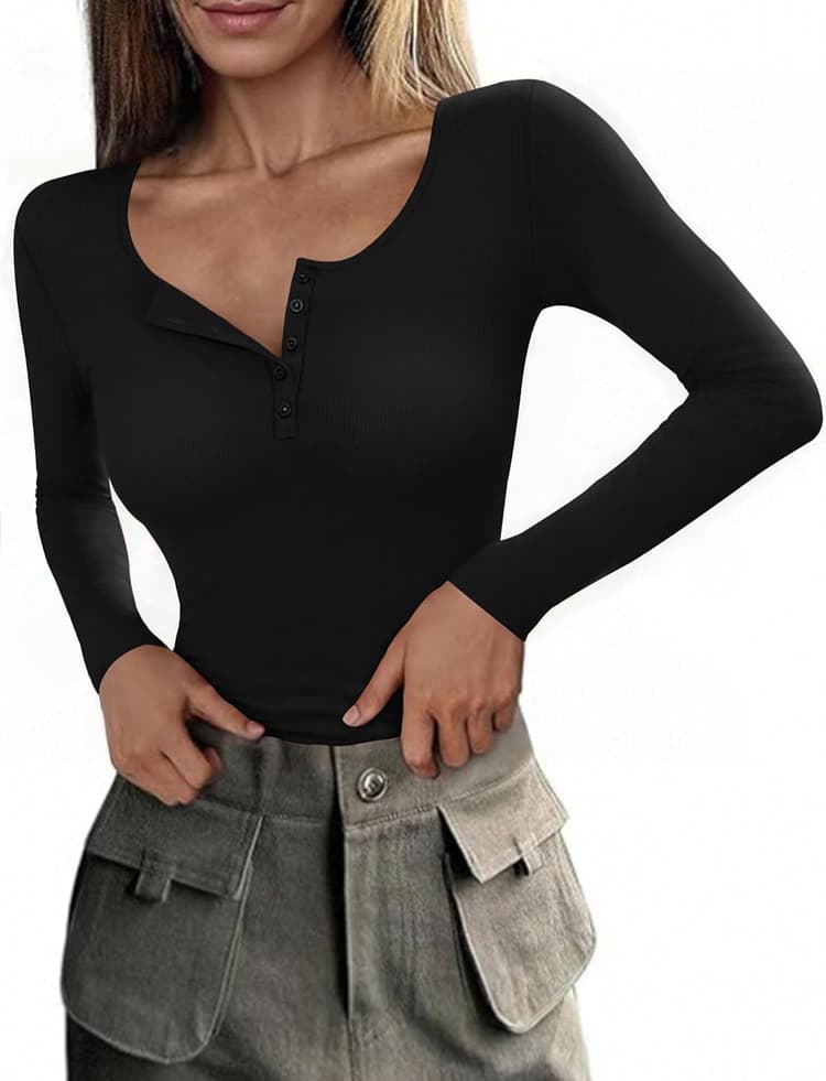 Totatuit Tee Shirt à Manches Longues pour Femme col Henley boutonné en Extensible Coupe ajustée Haut Basique Chic et Moderne