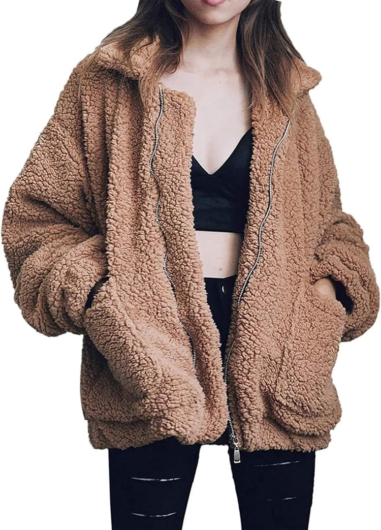 Comeon Women's Coat Casual Lapel Fleece Fuzzy Faux Shearling Zipper Coats Warm Winter Oversized Outwear Jackets