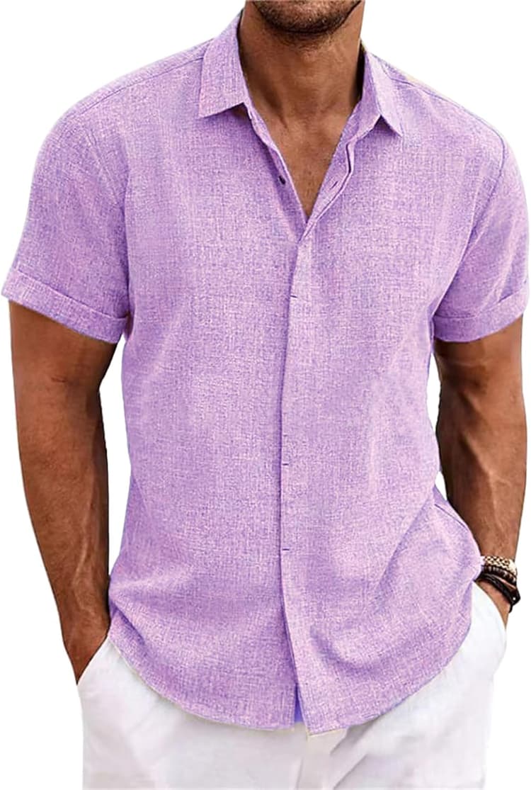 Chemise Lin Homme Manches Courtes Boutonnée Chemisette Homme Chemises d'été Unie Chemise de Plage en Coton Coupe Régulière Tee Shirt Décontracté Chemiser