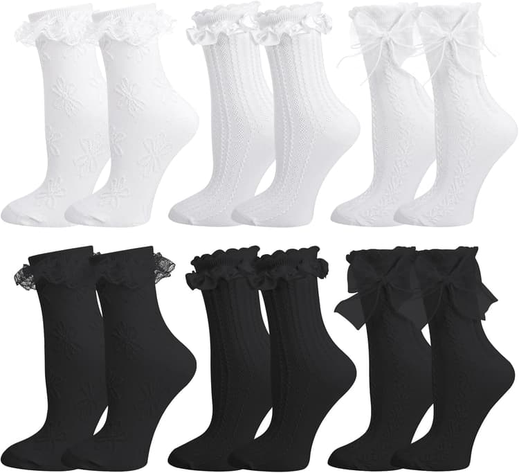 6 Paires Chaussettes à Volants pour Femme,Chaussette Blanches et Noir en Dentelle,Chaussette éLégant pour Filles, Chaussettes de Ballet à volants, EU 38-45