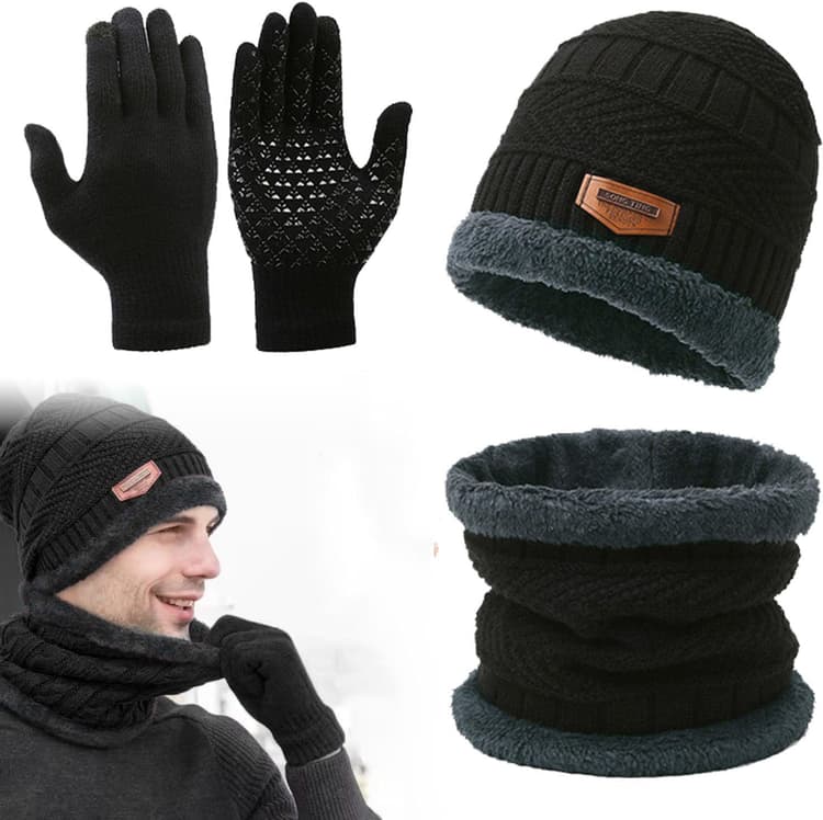 3in1 Bonnet D'hiver Bonnet Écharpe Ensemble de Gants,bonnet homme hiver,Ensemble bonnet Echarpe Homme,Convient aux hommes femmes, ski, sports d'hiver en plein air