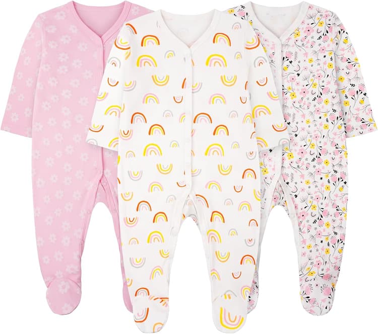 Vicloon Pyjama Bébé Fille, 3PCS Dors Bien Manches Longues Bébé, 100% Coton Combinaison avec Pieds Bébés, Nouveau-Né Vêtements Fille 0-12 Mois