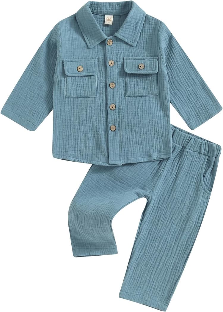 Ensemble de pyjama 2 pièces en coton et lin de couleur unie à manches longues boutonnées et pantalon pour bébé garçon