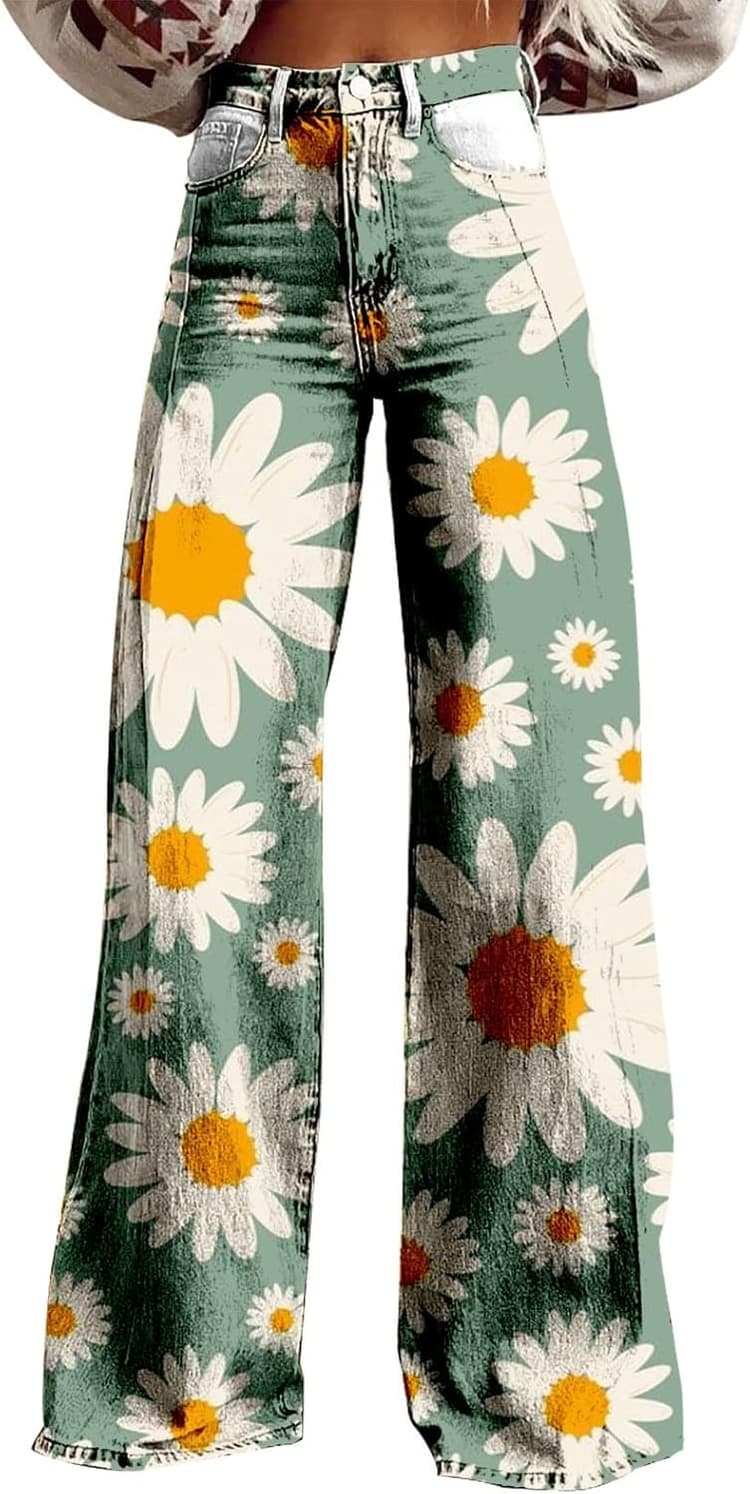 Generisch Pantalon en jean des années 70 pour femme - Taille haute - Ample - Jambes larges - Style bohème - Avec fleurs - Confortable - Pour femme - Pour l'extérieur - Streetwear - Pantalon de loisirs