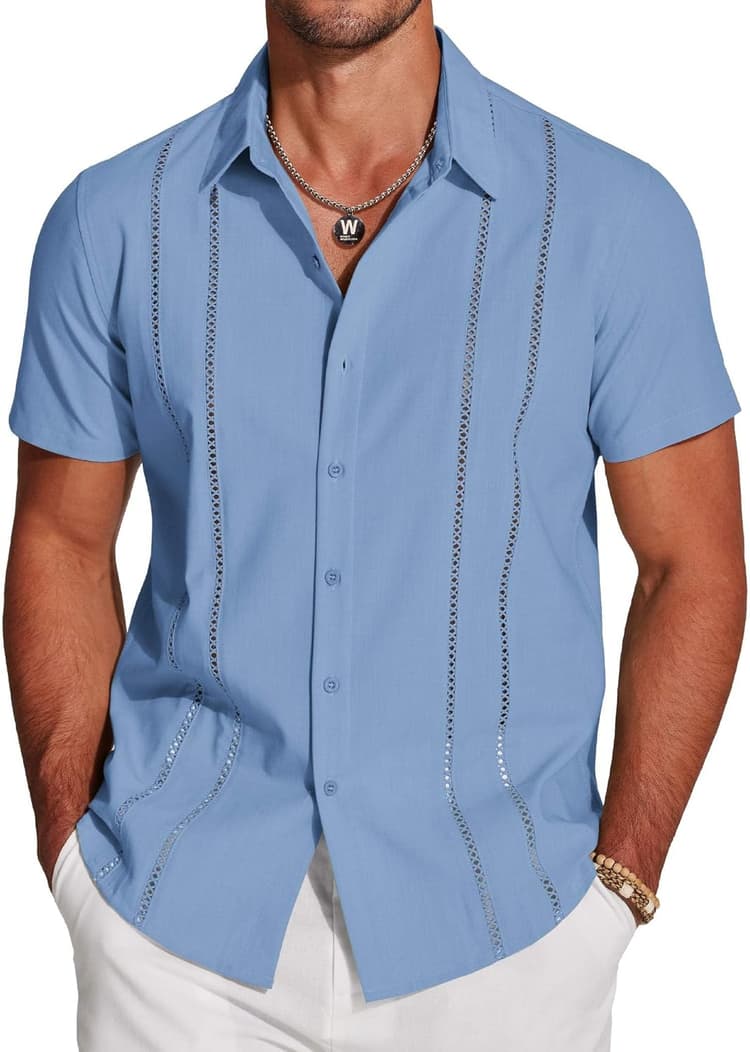 COOFANDY Men's Cuban Guayabera Shirt Short Sleeve Button Down Shirts Casual Summer Beach Linen Shirts