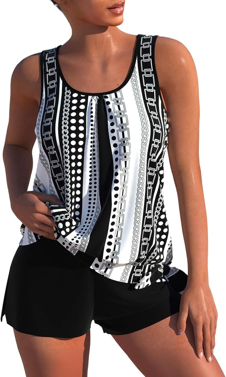 ROSEWE Modest Tankini Swimsuits for Women, Two Piece Athletic Womens Bathing Suits Blouson Tank Tops with Board Shorts