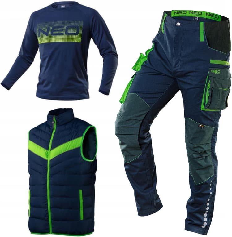 NEO TOOLS Pantalon, gilet de travail et t-shirt à manches longues pour homme Taille S (48) – 3XL (58) / Design tendance, pantalon – Poches de protection des genoux et renforcé en Cordura Doudoune sans