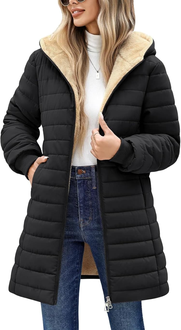 Tuopuda Manteau Femme Hiver Matelassée Veste Polaire Chaud Parkas Blouson Zippée à Capuche mi Longue Coat Outercoat Slim Fit Casual Jacket avec Poches