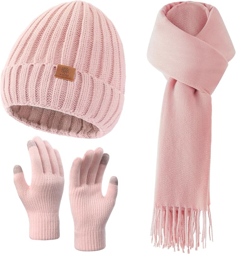Passionbility Winter Beanie Hat Scarf Gloves Set for Women, Warm Knit Skull Cap Long Scarf Touchscreen Fleece Lined Gloves