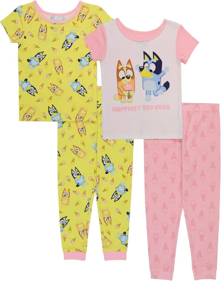 Bluey Girls' 4-piece Snug-fit Matching Short-Sleeve Cotton Pajama Set, Soft & Cute for Kids